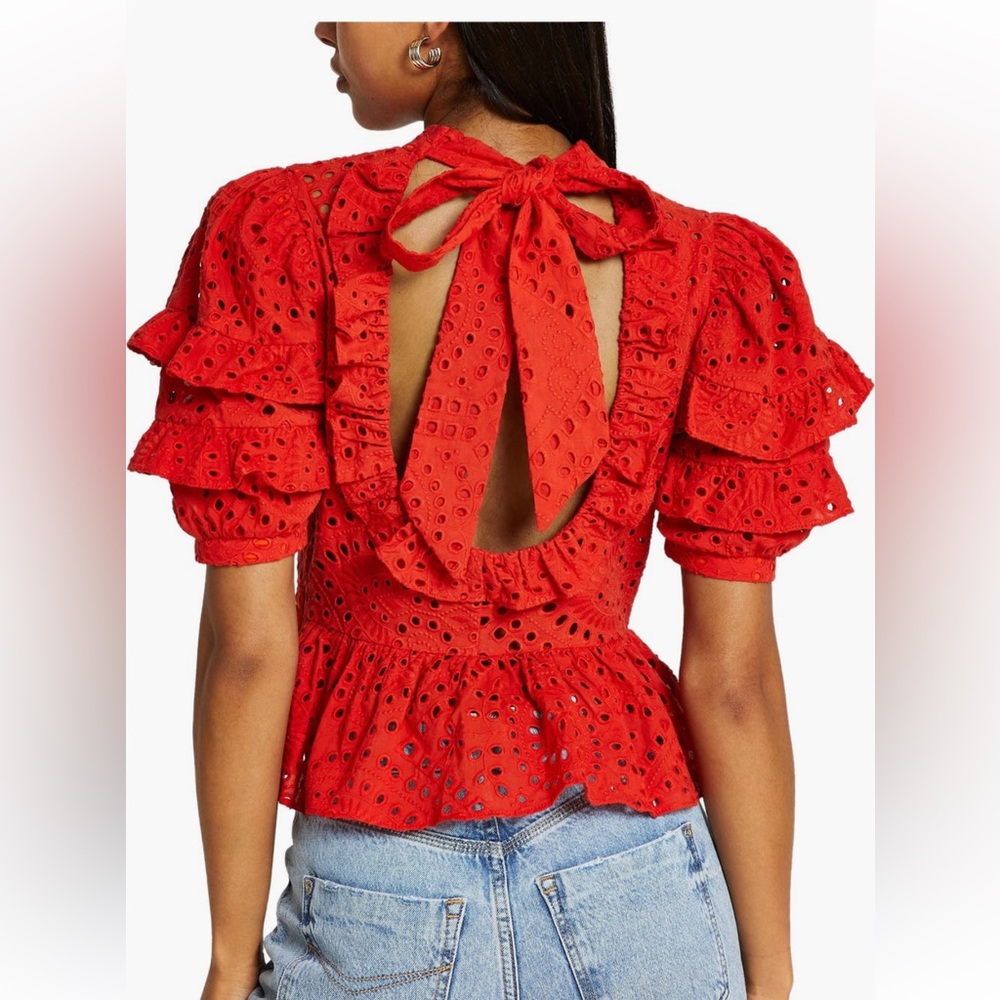River Island Red Eyelet Embroidered Open Back Blouse Ruffles Romantic Coquette